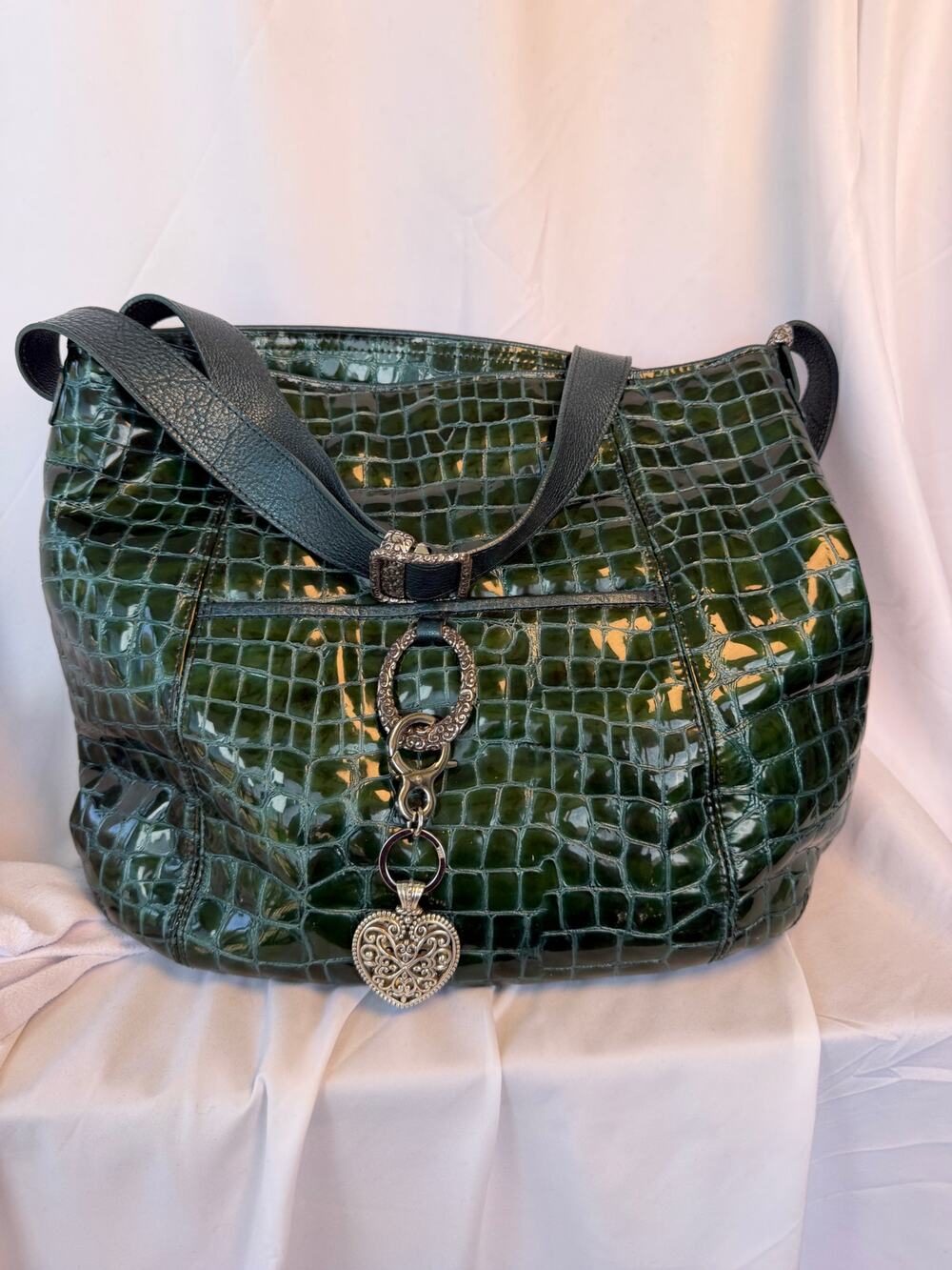 Brighton Green Croc-Embossed Leather Shoulder Bag Tote Silver Heart Charm